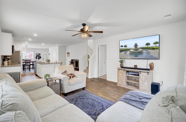 127 Rosefield Ct, Summerville, SC 29485 - living area featuring visible vents, recessed lighting, stairway, light wood-style floors, and ceiling fan