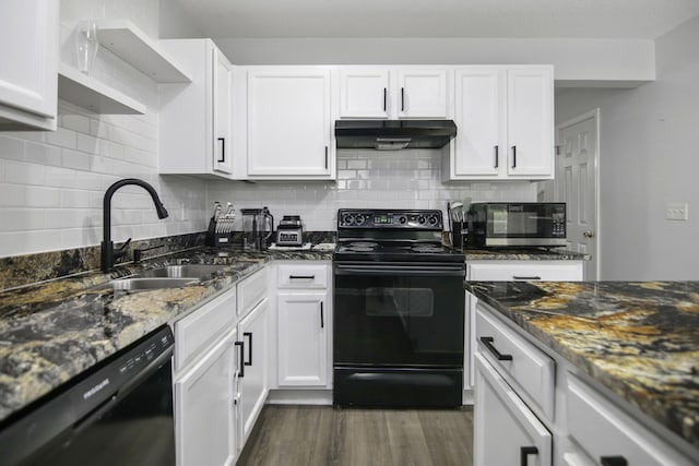8096 Shadow Oak Dr, North Charleston, SC 29406 - kitchen featuring black appliances, under cabinet range hood, a sink, dark wood-style floors, and white cabinetry