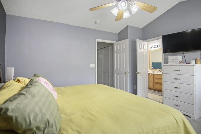8096 Shadow Oak Dr, North Charleston, SC 29406 - bedroom with lofted ceiling, carpet floors, connected bathroom, and ceiling fan