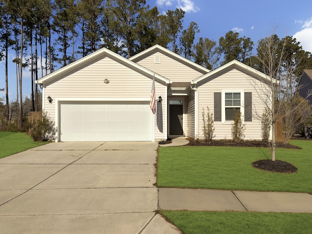 single story home featuring a garage and a front lawn