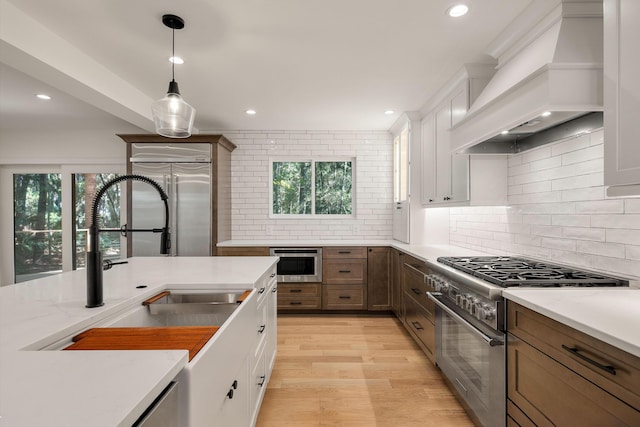 kitchen with custom exhaust hood, high end appliances, sink, light hardwood / wood-style flooring, and white cabinets