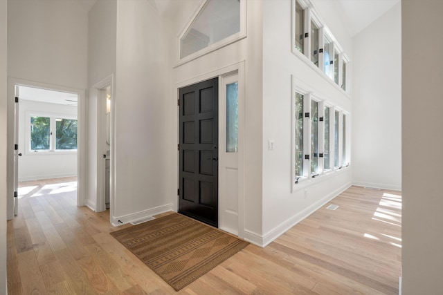 entrance foyer featuring a towering ceiling and light hardwood / wood-style flooring