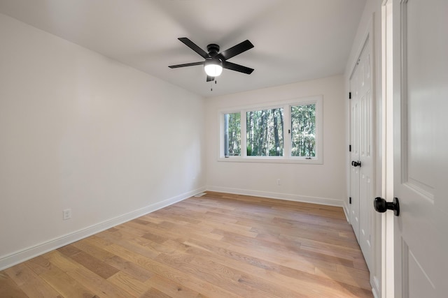 empty room featuring ceiling fan and light hardwood / wood-style floors