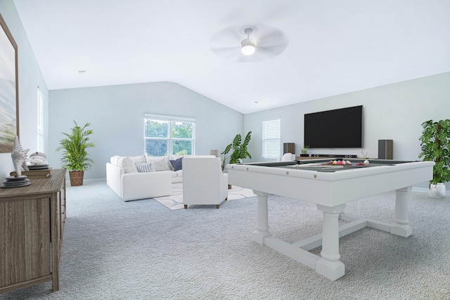 office area with light colored carpet, ceiling fan, and lofted ceiling