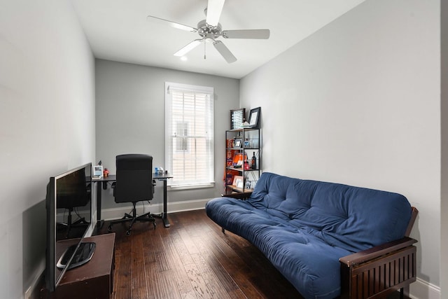 office area featuring wood-type flooring, baseboards, and a ceiling fan