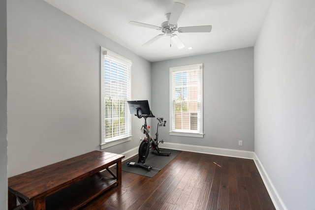 workout area with hardwood / wood-style flooring, baseboards, and a ceiling fan