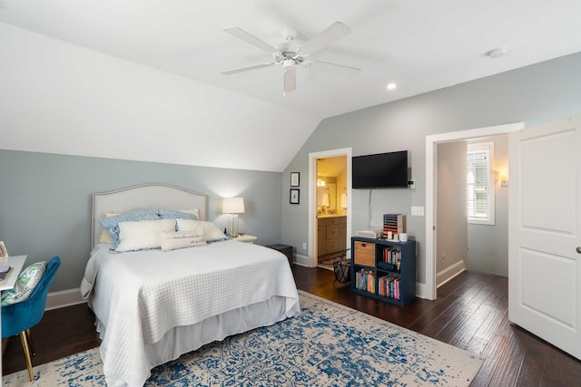 bedroom featuring baseboards, wood finished floors, vaulted ceiling, recessed lighting, and a ceiling fan