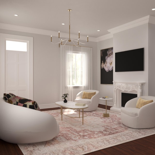 living room with a notable chandelier, wood-type flooring, a fireplace, and crown molding