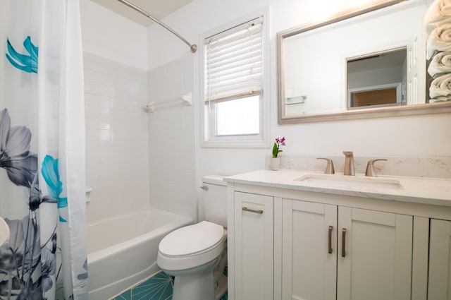 full bath featuring shower / tub combo, toilet, and vanity