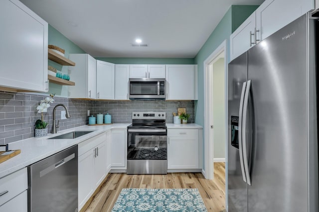 kitchen with sink, light hardwood / wood-style flooring, appliances with stainless steel finishes, tasteful backsplash, and white cabinetry