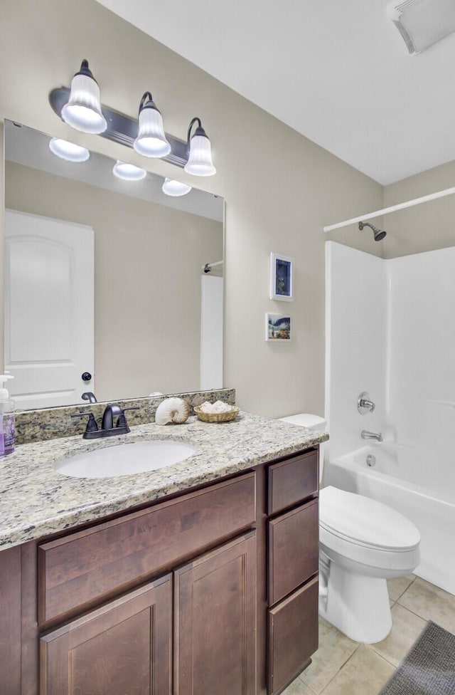 full bath featuring toilet, vanity, bathtub / shower combination, and tile patterned floors