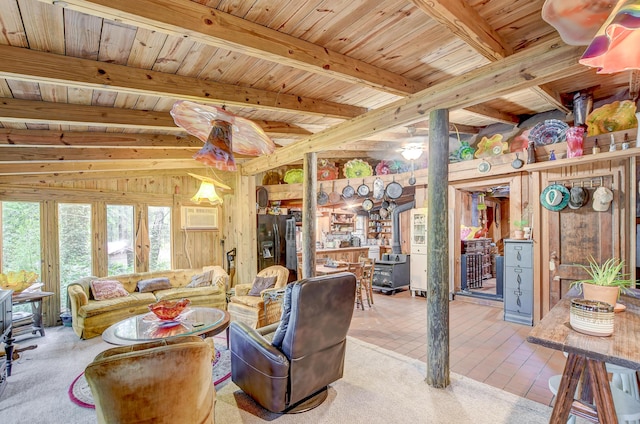 1373 Bridge St, Branchville, SC 29432 - living area featuring wooden ceiling with exposed beams, wood walls, ceiling fan, and an AC wall unit
