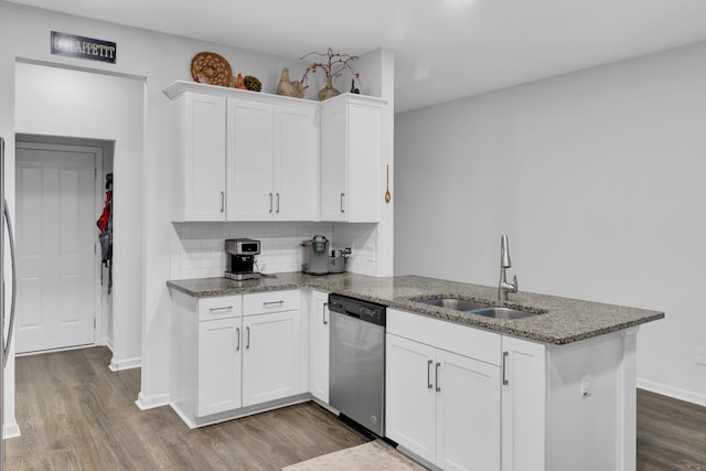 kitchen featuring stone countertops, sink, white cabinets, stainless steel dishwasher, and kitchen peninsula