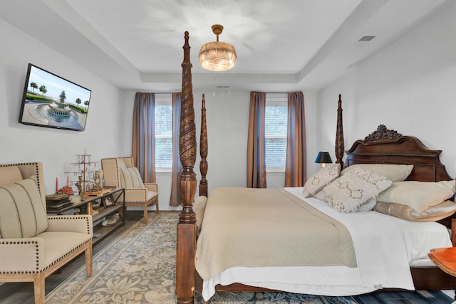 bedroom featuring a tray ceiling, multiple windows, and wood-type flooring