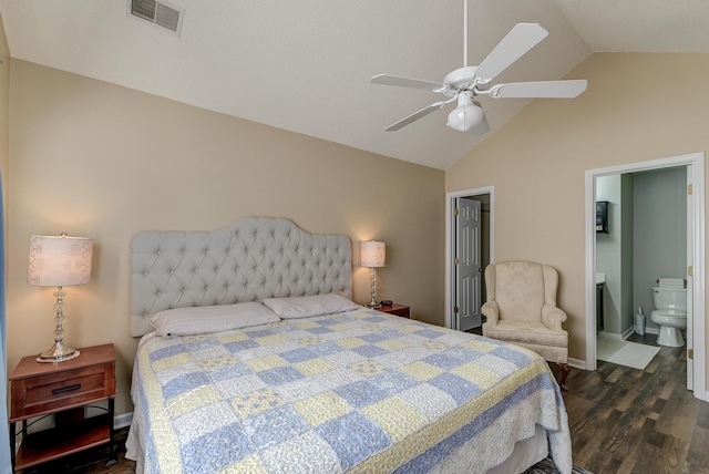 bedroom featuring a ceiling fan, visible vents, vaulted ceiling, baseboards, and dark wood finished floors