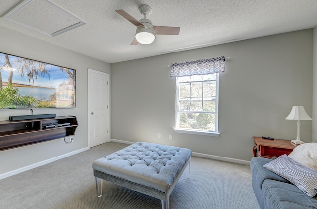 living area featuring attic access, a textured ceiling, baseboards, and carpet flooring