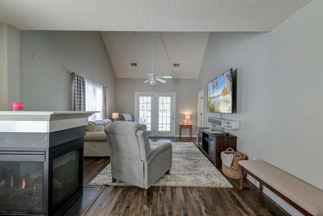 living area featuring dark wood-type flooring, lofted ceiling, visible vents, and a multi sided fireplace