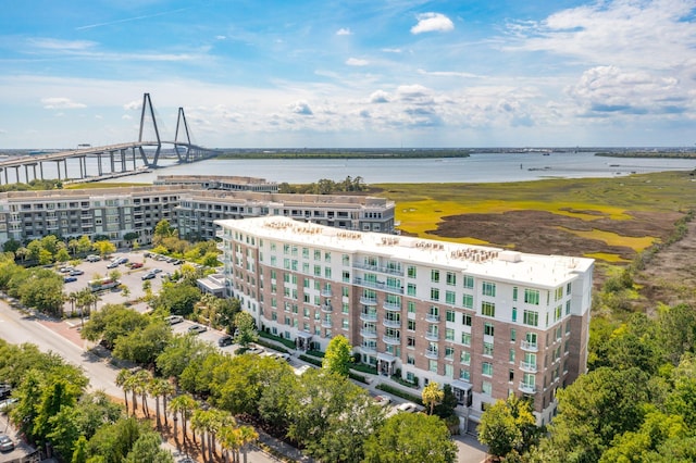 drone / aerial view with a water view