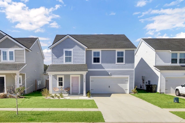 traditional home featuring concrete driveway, roof with shingles, an attached garage, a front lawn, and a porch