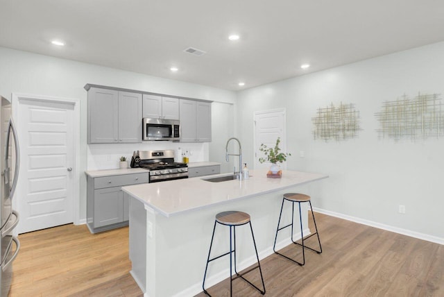 kitchen featuring gray cabinetry, stainless steel appliances, a sink, visible vents, and light wood-type flooring