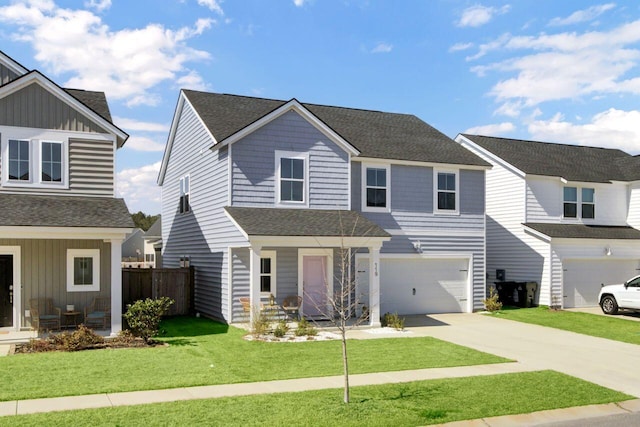 view of front facade with an attached garage, fence, driveway, roof with shingles, and a front yard