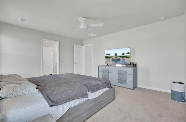 bedroom featuring ceiling fan, carpet, visible vents, and baseboards