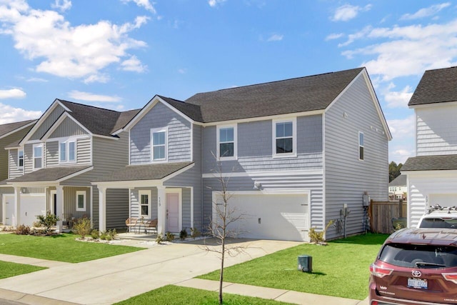 view of front of home featuring a garage, roof with shingles, driveway, and a front lawn