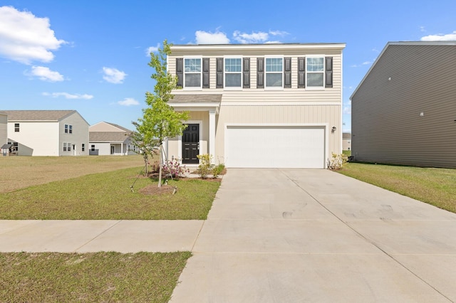 view of front of home featuring an attached garage, concrete driveway, and a front yard