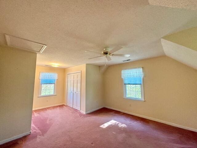 additional living space featuring a healthy amount of sunlight, carpet flooring, a textured ceiling, and lofted ceiling