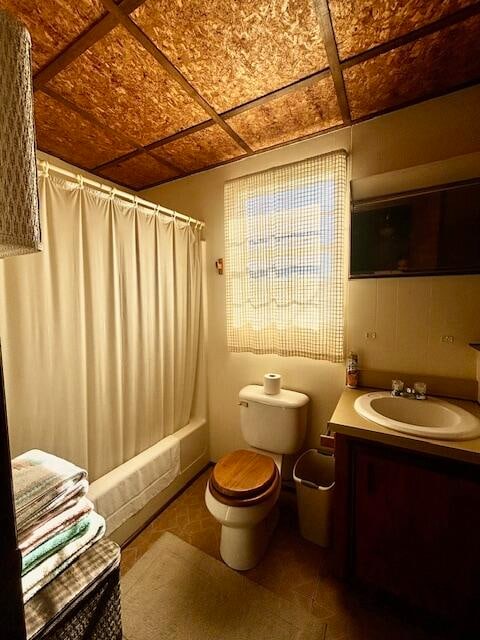 full bathroom featuring vanity, toilet, and shower / tub combo with curtain