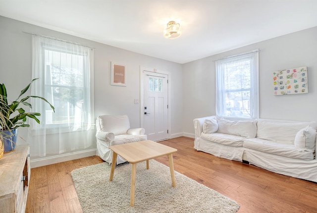 living room with a wealth of natural light and light hardwood / wood-style floors