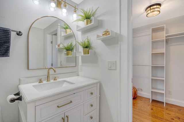 bathroom with hardwood / wood-style floors and vanity