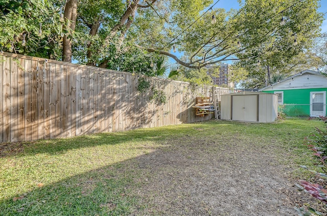 view of yard featuring a storage shed