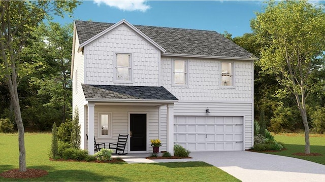 view of front facade featuring driveway, a shingled roof, a garage, and a front lawn