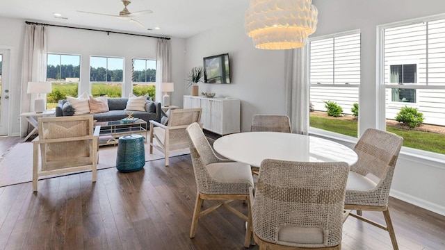 dining space featuring dark wood-type flooring, recessed lighting, a ceiling fan, and baseboards