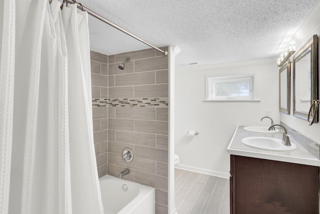 509 Hill St, Moncks Corner, SC 29461 - full bath with toilet, shower / bathtub combination with curtain, baseboards, a textured ceiling, and double vanity