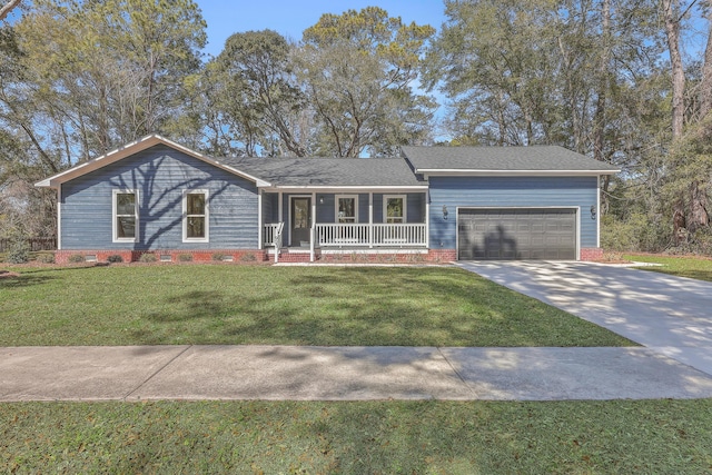 ranch-style home with covered porch, a garage, concrete driveway, crawl space, and a front lawn