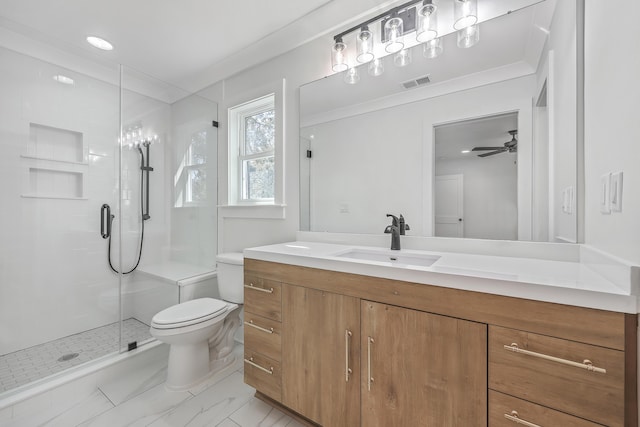 bathroom featuring visible vents, toilet, ornamental molding, a stall shower, and vanity