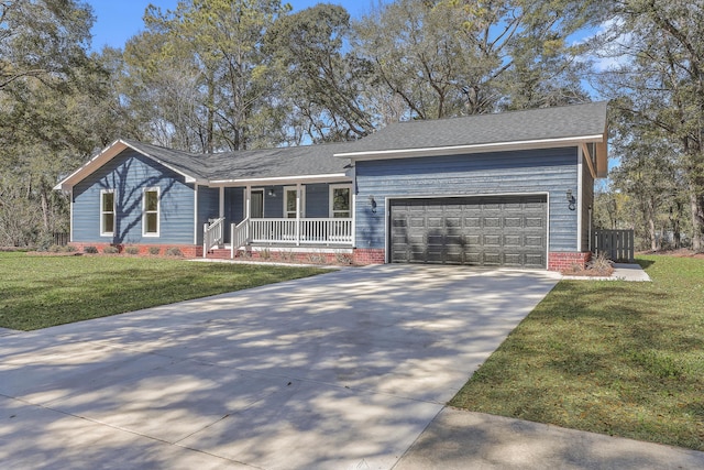 single story home featuring driveway, a shingled roof, an attached garage, covered porch, and a front yard