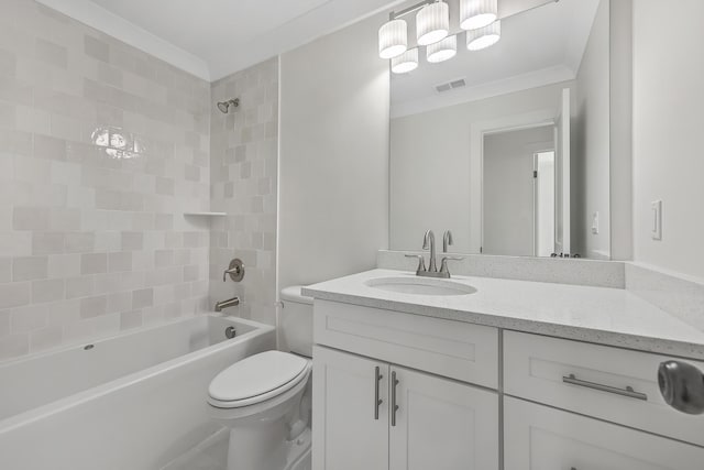 bathroom with crown molding, bathtub / shower combination, visible vents, toilet, and vanity