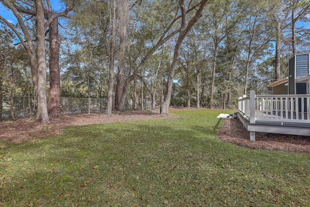 view of yard with fence and a wooden deck