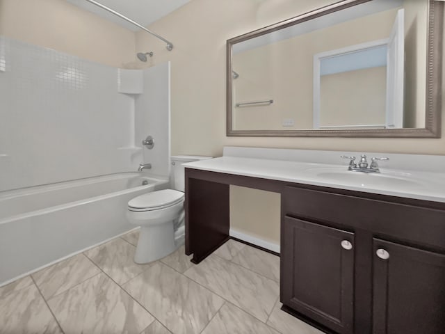 full bathroom with toilet, vanity, and shower / bathtub combination