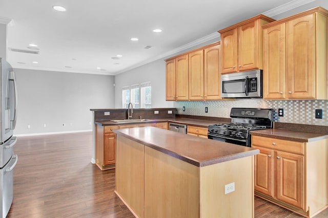 kitchen with appliances with stainless steel finishes, sink, backsplash, a center island, and dark hardwood / wood-style flooring