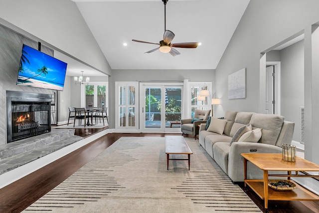 8 Pony Ln, Charleston, SC 29407 - living area featuring wood finished floors, high vaulted ceiling, ceiling fan, a lit fireplace, and baseboards
