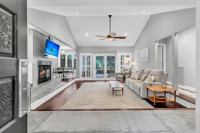 8 Pony Ln, Charleston, SC 29407 - living area featuring high vaulted ceiling, a fireplace, baseboards, ceiling fan, and recessed lighting