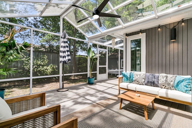 8 Pony Ln, Charleston, SC 29407 - sunroom / solarium featuring an outdoor hangout area, ceiling fan, a skylight, and vaulted ceiling