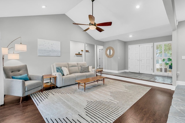 8 Pony Ln, Charleston, SC 29407 - living area featuring ceiling fan, baseboards, wood finished floors, recessed lighting, and high vaulted ceiling