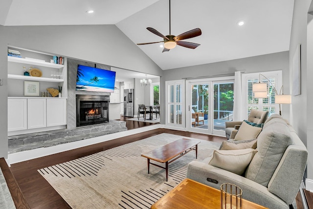 8 Pony Ln, Charleston, SC 29407 - living room featuring ceiling fan, wood finished floors, a large fireplace, high vaulted ceiling, and built in features