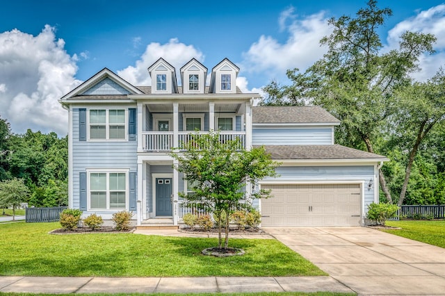 view of front of house with a balcony, a garage, and a front lawn