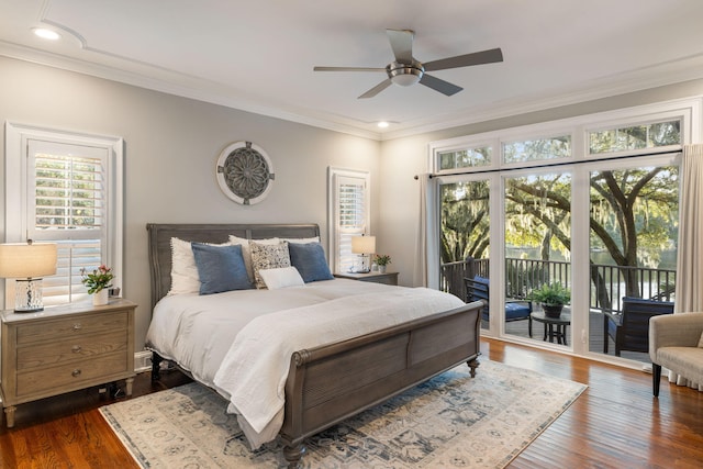 bedroom with ornamental molding, access to exterior, ceiling fan, and dark hardwood / wood-style floors